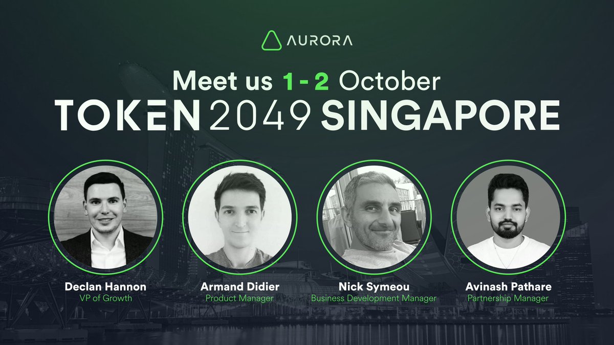 auroraisnear's tweet image. Aurora Labs is coming to @token2049 🫡

Hey, builders, founders, &amp;amp; researchers, it&apos;s your chance to catch @declan_hannon, @armd_didier, @NickBDM3 and @Avinash_path  to talk Virtual Chains, ask questions, or just take some pics 📸

See you there? 💚