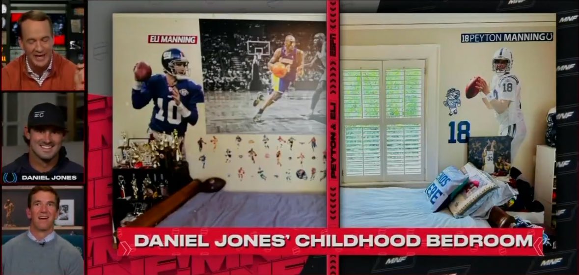 Daniel Jones joining Peyton and Eli on the Manningcast was neat.

The fact Jones has gone from Eli’s team (Giants) to Peyton’s (#Colts) is a fun overlap. His childhood bedroom, which he shared with his brother, adds another layer. 

Also, both won a Super Bowl with their team…