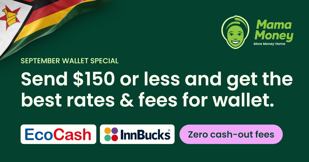 🚨 Zero cash-out fees this September!

Send $150 or less to Zim via Eco Cash or InnBucks and keep more in your family’s pocket. 

✅ Best rates
✅ Lowest fees
✅ ZERO cash-out fees on Eco Cash &amp; InnBucks

#Moremoneyhome