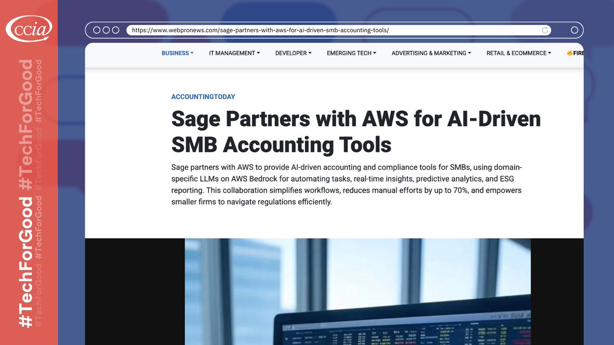 ccianet's tweet photo. AI is leveling the playing field for small businesses. @awscloud is delivering smarter accounting tools to help entrepreneurs work smarter, not harder. #TechForGood 1/2 https://t.co/OZoKqacFNL