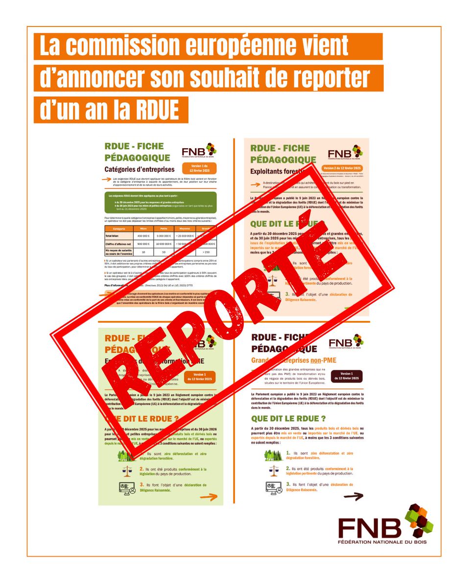 📢 [INFO FNB]

La Commission européenne vient d’annoncer son souhait de reporter d’un an l’application de la RDUE 🌳🪵

➡️ En savoir plus : reuters.com/sustainability…

#filiereforetbois #laforetensemble #rdue #report