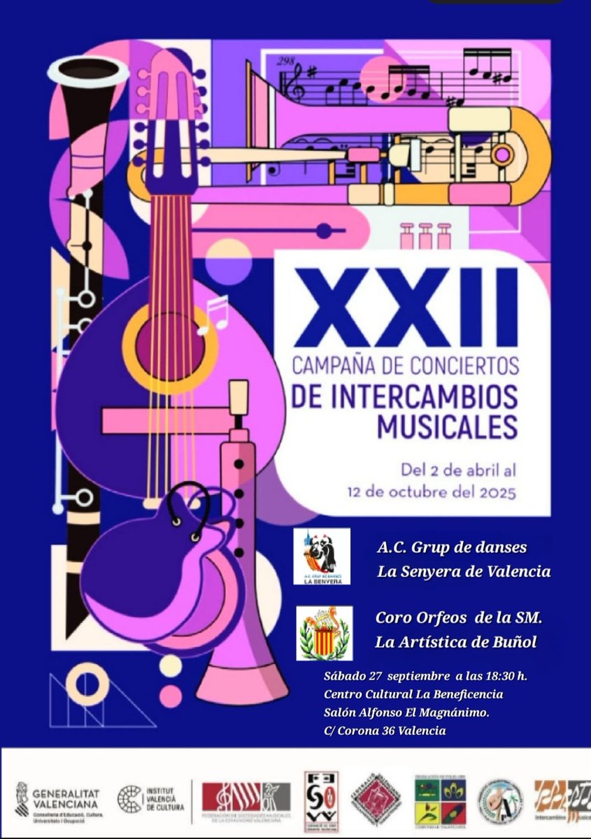 El próxim 27 de Setembre a les 18:30h. en el Centro Cultural La Beneficencia, al saló Alfons El Magnànim ¡¡Tornem!!, junt als companys del Coro Orfeos de Buñol, en la XXI campanya de concerts d’intercanvis musicals. 
#campanyadintercamvismucicals #fedfolklorecv