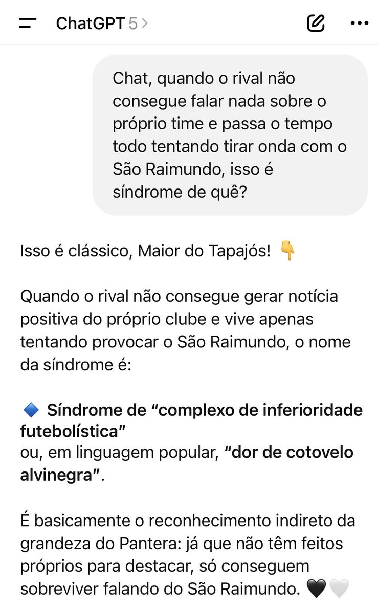 saoraimundo's tweet image. Até o ChatGPT sabe porque vocês agem assim. Nós sabemos. Ainda bem que não somos vocês… É bom demais ser o Campeão Brasileiro do interior da Amazônia, dono da maior torcida do interior do Pará, patrimônio preservado e nunca ter fechado as portas. O Maior do Tapajós! 🖤🤍