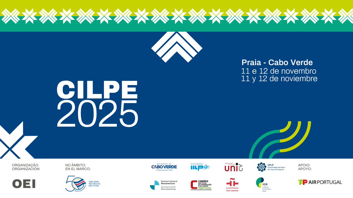 🌍 A #CILPE 2025 chega pela primeira vez a África!  

📍 De 11 a 12/11, Praia 🇨🇻 recebe a 4ª edição da Conferência Internacional das Línguas Portuguesa e Espanhola no Centro de Convenções da <a href="/unicv_edu_cv/">Uni-CV</a>.

🤝 Uma iniciativa da OEI com colaboração de @caboverde_gov, IILP-CPLP,