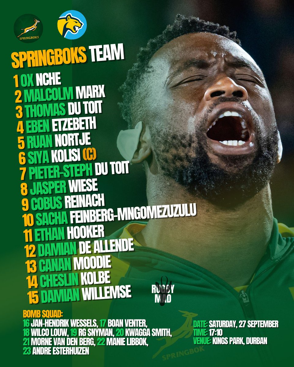 🚨 Springboks team to face Argentina! 🚨

- Two personnel changes to his starting XV: Eben and De Allende come in.
- Lood and Fassi out through injury.
- Boan Venter ahead of Marnus van der Merwe on the bench.
- Morne van den Berg takes over from Grant Williams, who is nursing a