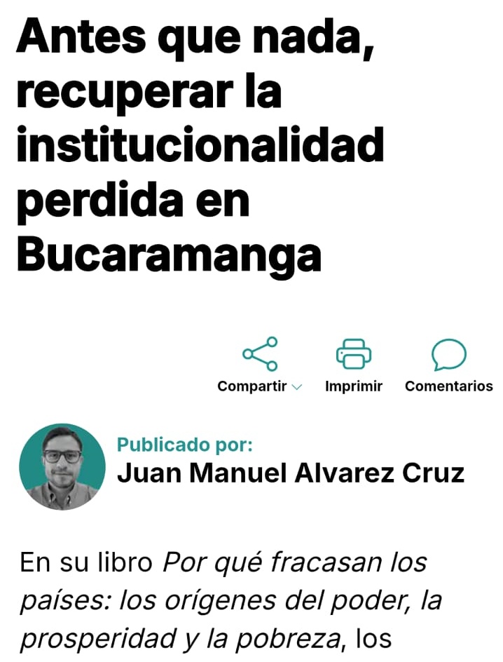 Juanurbanismo's tweet image. ⚠️#Bucaramanga no puede seguir este camino. Solo 2 de los últimos 5 alcaldes ejercieron el 100% su periodo de mandato. 

Leer y 🔄 la #columna goo.su/M5S0iJF

🏚 Según los recientes ganadores del #NobelEconomía la inestabilidad institucional es el origen de la pobreza.