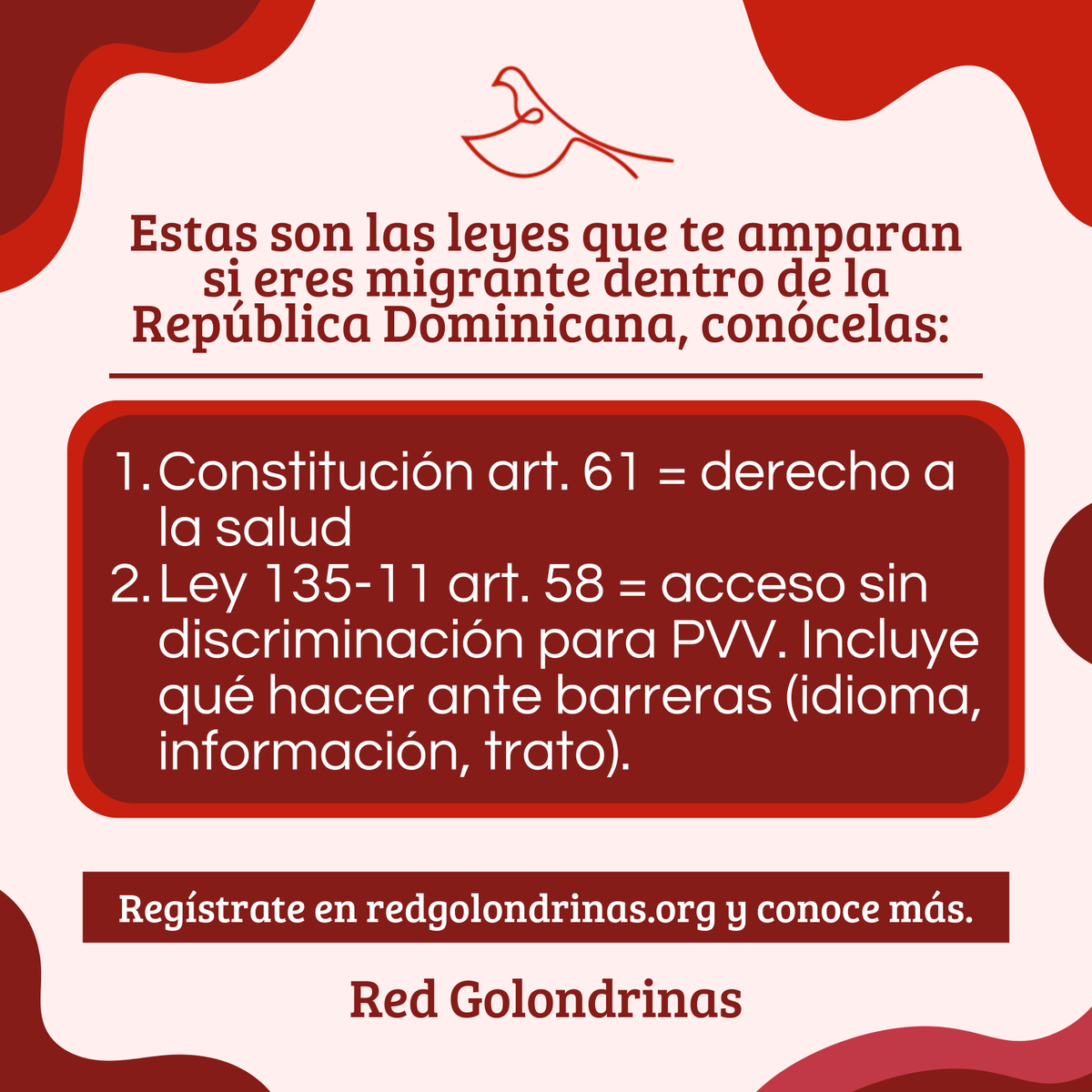 En RD, la salud es un derecho. Si encuentras barreras: pide apoyo, solicita más información, registra la negativa y contáctanos para orientación.

(809) 681-1515 · Ext. 2400 · redgolondrinas.org
#redgolondrinas #coin  #DerechosHumanos  #Salud