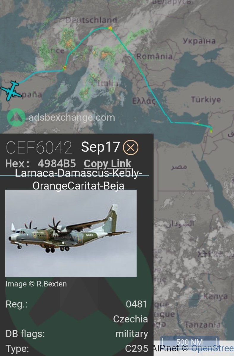 LebanonJets's tweet image. #Czech #Czechia AirForce C295 #0481 #4984B5 started in Kbely, Sofia, Rhodes &amp;amp; soon into Beirut as #CEF6039 fr24.com/CEF6039/3c56e5…. Same aircraft last week did Kebly, Sofia, Larnaca for the night (video) then Damascus, Kbely #CEF6038 then OrangeCaritat &amp;amp; Beja #CEF6042