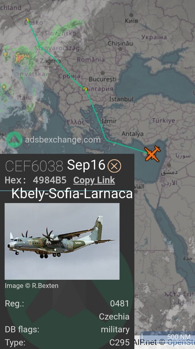 LebanonJets's tweet image. #Czech #Czechia AirForce C295 #0481 #4984B5 started in Kbely, Sofia, Rhodes &amp;amp; soon into Beirut as #CEF6039 fr24.com/CEF6039/3c56e5…. Same aircraft last week did Kebly, Sofia, Larnaca for the night (video) then Damascus, Kbely #CEF6038 then OrangeCaritat &amp;amp; Beja #CEF6042