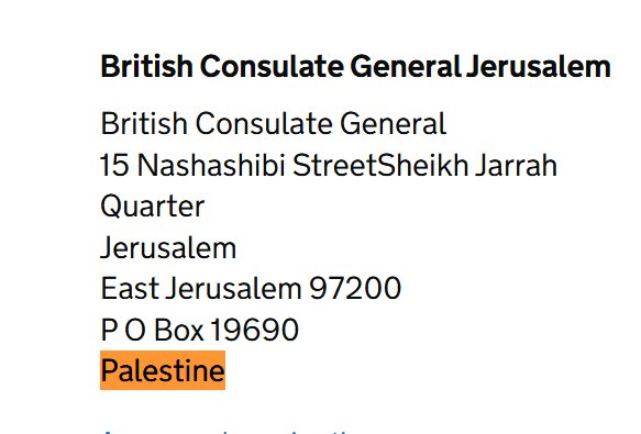 VividProwess's tweet image. This is unbelievable. 

The UK has now changed its Jerusalem consulate address to now read &apos;Palestine&apos; instead of Israel.

This is beyond shameful.