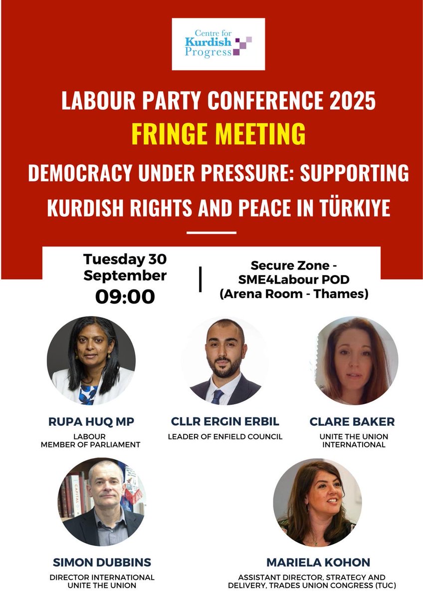 Freedom For Ocalan #FreeOcalan (@ocalanfree) on Twitter photo At the <a href="/UKLabour/">The Labour Party</a> conference ?
👉🏽Join trade unionists & politicians at <a href="/KurdishOrg/">The Centre for Kurdish Progress</a> fringe on #Democracy under pressure - supporting #Kurdish rights and #peace in Türkiye.
📅 Tuesday 30th September
⏰9am
📍Arena Room - Thames At the <a href="/UKLabour/">The Labour Party</a> conference ?
👉🏽Join trade unionists & politicians at <a href="/KurdishOrg/">The Centre for Kurdish Progress</a> fringe on #Democracy under pressure - supporting #Kurdish rights and #peace in Türkiye.
📅 Tuesday 30th September
⏰9am
📍Arena Room - Thames