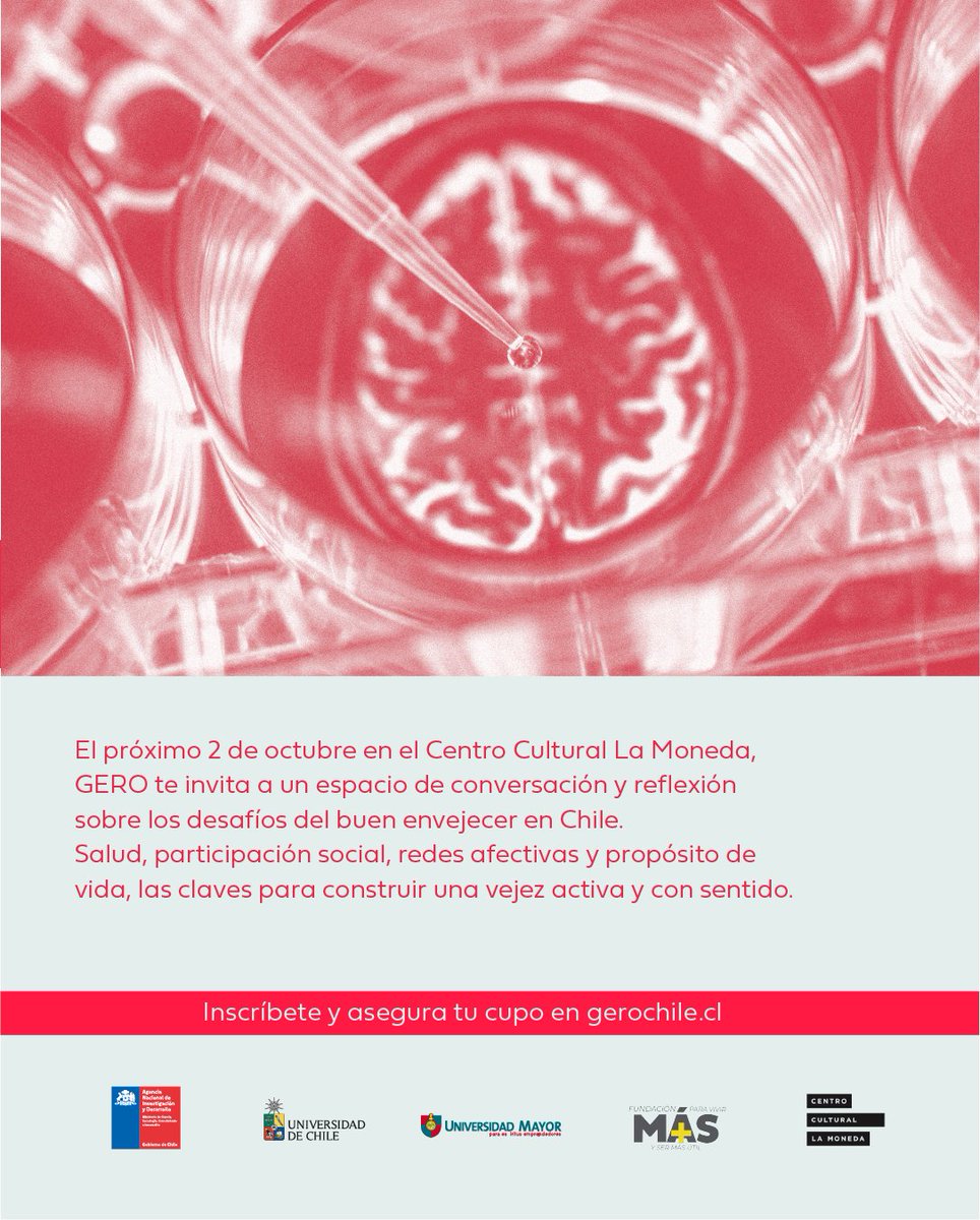 gerochile's tweet image. 📣 ¡Inscríbete!
El 2 de octubre en @CCPLM 

Participan:
Felipe Court (director GERO, U. Mayor)
Daniela Thumala (@uchile y GERO)
Claudia Asmad (@SENAMAGOB)
M. Soledad Herrera (@ucatolica)
Miguel Berr (@uchile )
Esteban Calvo (@umayor_ )