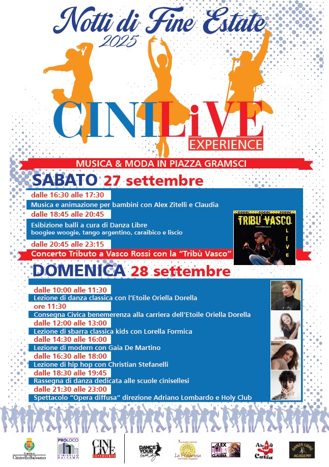 comunecb's tweet image. Due giorni di intrattenimento musicale, animazione per i più piccoli, esibizioni di balli, un concerto tributo e uno spettacolo di danza per salutare l’estate.
“Notti di Fine Estate 2025 - Cini Live Experience”, si terrà in piazza Gramsci, sabato 27 e domenica 28 settembre.