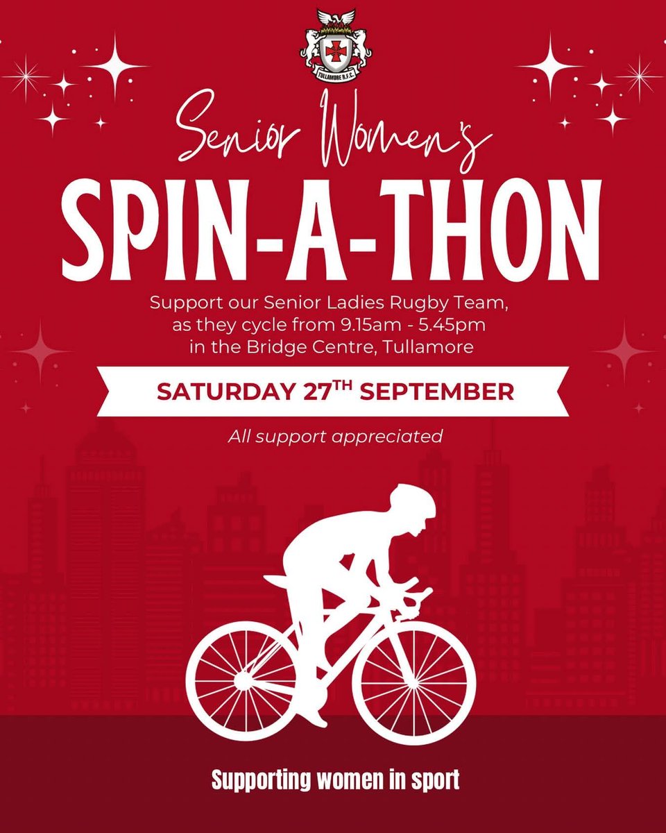 tullamorerugby.com/news/senior-wo…
Join us Saturday, 27th September for our Senior Women’s Spin-A-Thon!📷

Our Senior Ladies Rugby Team will be cycling from 9:15am – 5:45pm in the Bridge Centre, Tullamore.
Come along, show your support, and help us champion women in sport everywhere!