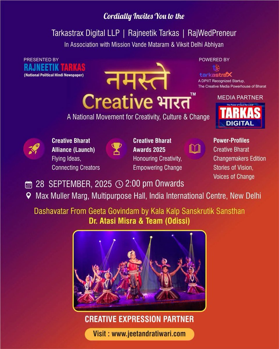 ✨ #NamasteCreativeBharat 2025 ✨
A National Movement for Creativity, Culture &amp; Change

🎭 Dashavatar from Geeta Govindam
by Kala Kalp 

💃 Special Odissi Performance by
Dr. Atasi Misra &amp; Team
👉 Creative Expression Partner

📅 28 Sept 2025 | 2 PM
📍 India International Centre,
