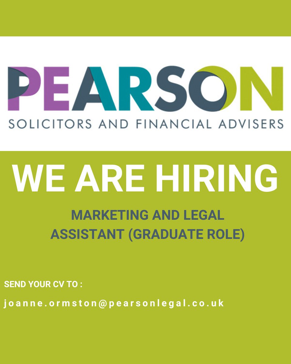 🚀 We’re hiring a Graduate Marketing &amp; Legal Assistant in Uppermill.

📖 Read more here: pearsonlegal.co.uk/about/recruitm…

📍 Apply with your CV to joanne.ormston@pearsonlegal.co.uk 

#Hiring #LegalCareers #MarketingJobs #GraduateOpportunities