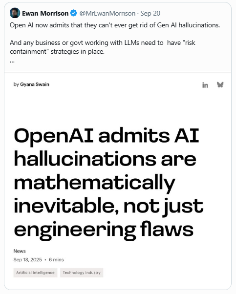 0rangeCru5h's tweet photo. #OpenAI admits it doesn't work
OpenAI has 1 Million GPUs: needs Billions of GPUs &amp; still  hallucinates
Bain &amp; Co.: Despite $NVDA adding $100B, AI Future has an $800 Billion Shortfall
&amp; 73% AI is not work related

#WhatCouldPossiblyGoWrong?
#NeverMind 🙄#ShoutingAtTheRain https://t.co/hNSvACDYSm