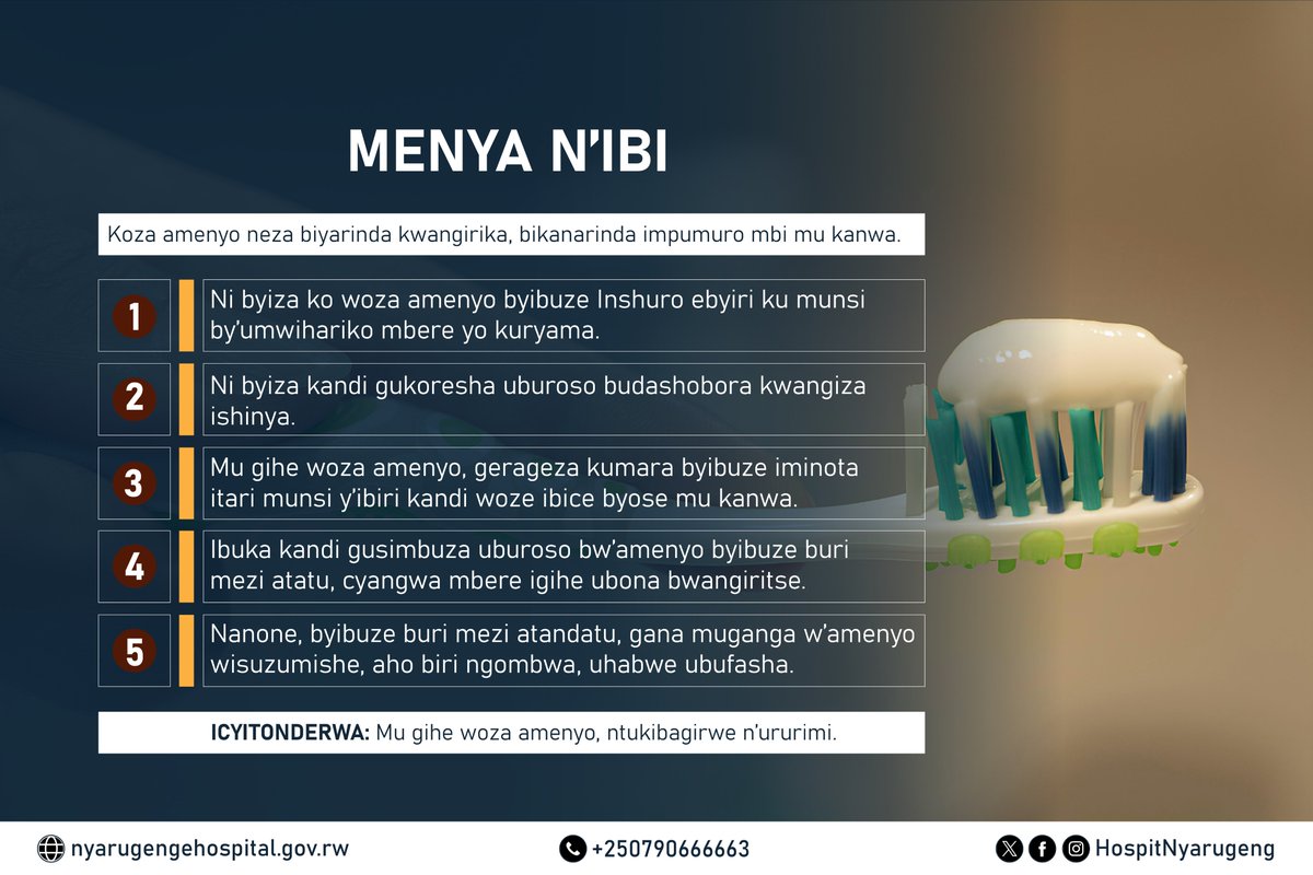 Ese wari uzi ko uburyo bw'ibanze bwo kwirinda ko amenyo yawe yakwangirika ari ukuyoza uko bikwiye? 

Waba wibuka se koza n'ururimi mu gihe woza amenyo?

Menya iby'ingenzi ukwiye kwitaho mu rwego rwo kurinda amenyo yawe kwangirika ndetse no kwirinda impumuro mbi mu kanwa 👇