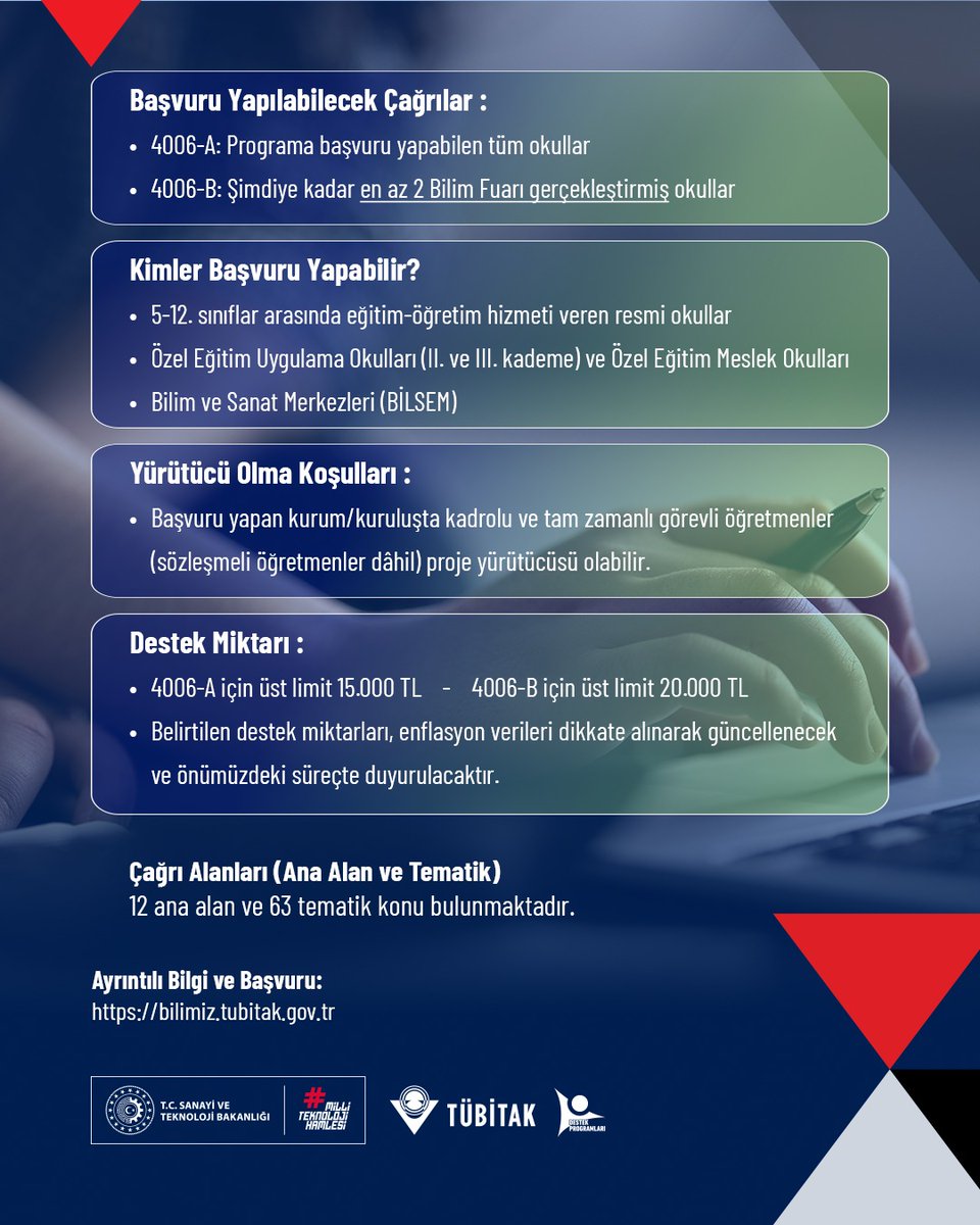 📢4006-TÜBİTAK Bilim Fuarları Destekleme Programının 12. Dönem 4006-A ve 4006-B Çağrıları Yayınlandı!

✨TÜBİTAK olarak geleceğimizin mimarları öğrencilerimizin bilim yolculuklarında yanlarında olmaya devam ediyoruz!

📚 5-12. sınıflar düzeyinde eğitim-öğretim yapan resmi