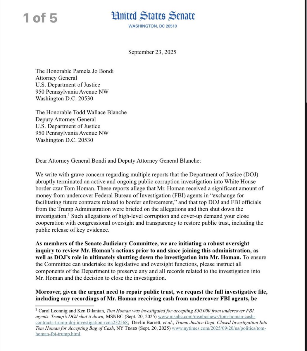 EdKrassen's tweet image. BREAKING: Senate Judiciary Committee Democrats have just launched a investigatory review into Tom Homan for allegedly agreeing to take bribes.