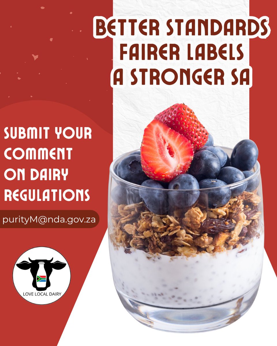 Buying real #dairy = supporting jobs, #farmers &amp; SA’s economy 🇿🇦 But #imitationdairy products blur the lines. Govt is calling for public input on new #dairyregulations to protect consumers &amp; producers 🚨 Email your comments to purityM@nda.gov.za before 30 September 2025.