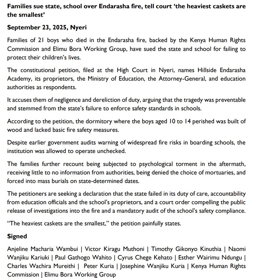 As we seek justice for 21 lives cut short in the Endarasha fire tragedy, we are also demanding accountability from the school and authorities. Every child should go to school and come back home safely.
Read more: khrc.or.ke/press-release/…