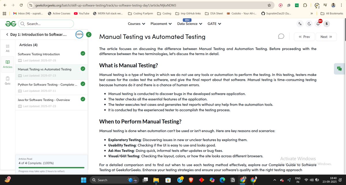 supratimdaswork's tweet image. Day 1 of my #100DaysOfTesting @geeksforgeeks!
Software Testing Introduction.
Manual Testing vs Automated Testing.
Python for Software Testing - Complete Guide.
Java for Software Testing - Overview.
Course link: tinyurl.com/dakkvvk2
#skillupwithgfg #nationskillup
