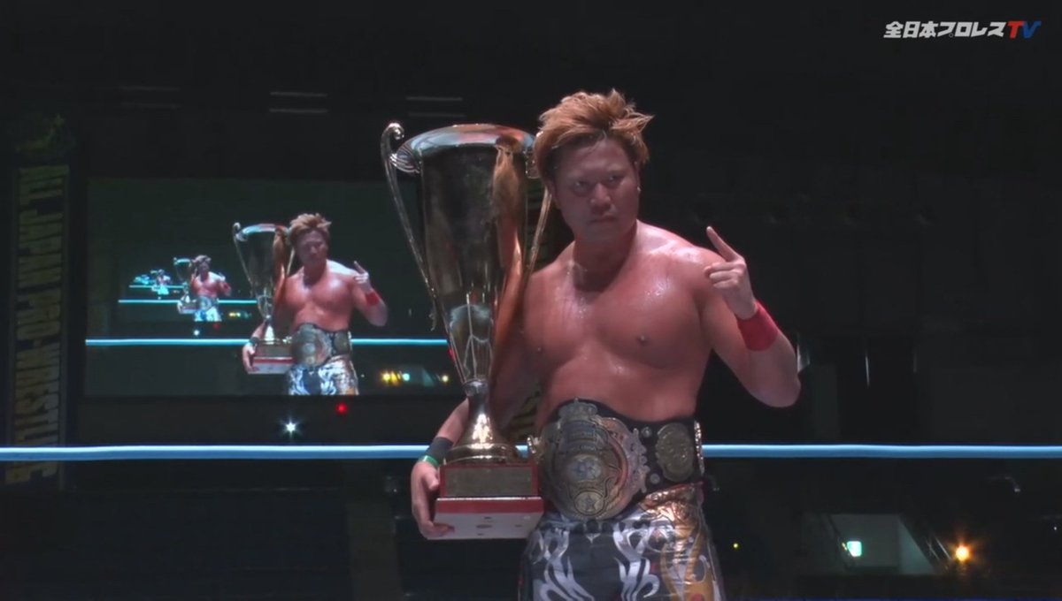 RoyalRoad72's tweet photo. Kento Miyahara has defeated Jun Saito to become the new Triple Crown Champion. This is his seventh reign with the belt.
Jun ends his run at 266 days and 7 successful defences. https://t.co/Lf3rgBZMTG