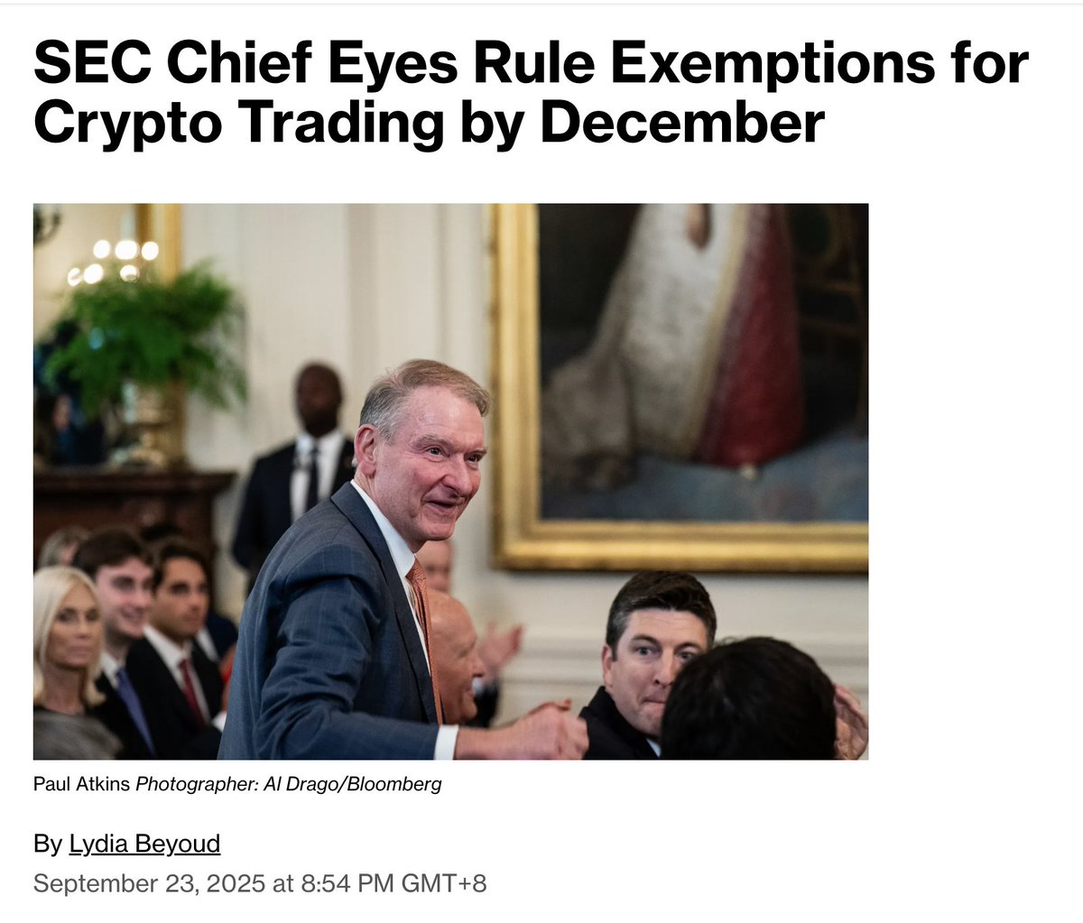 According to Bloomberg, SEC Chairman Paul Atkins plans to introduce an  “innovation exemption” by year-end, allowing crypto firms to launch new  products without burdensome regulations. He also said the SEC is drafting