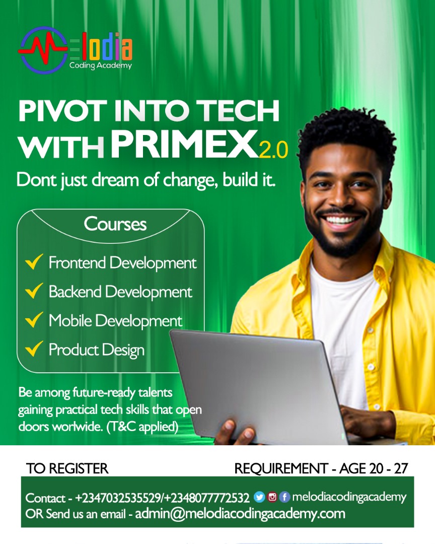 coko210's tweet photo. 🚨 THE WAIT IS OVER!!!!!! 🚨
PrimeX 2.0 is here 💻🔥

Pick your path:
💻 Frontend
⚙️ Backend
📱 Mobile Apps
🎨 Product Design

Starts Oct 6th. Limited slots.
Your future self will thank you. 🚀

#PrimeX2 #cohort #TechForGood #careerdevelopment #selfdevelopment #techskills #CareerGoals #careertuesdays #MelodiaCodingAcademy  #TechCareers #NigeriaTech #BallonDor2025 #FutureReady #kolade #BallonDor Yamal Dembele #jojo_anime