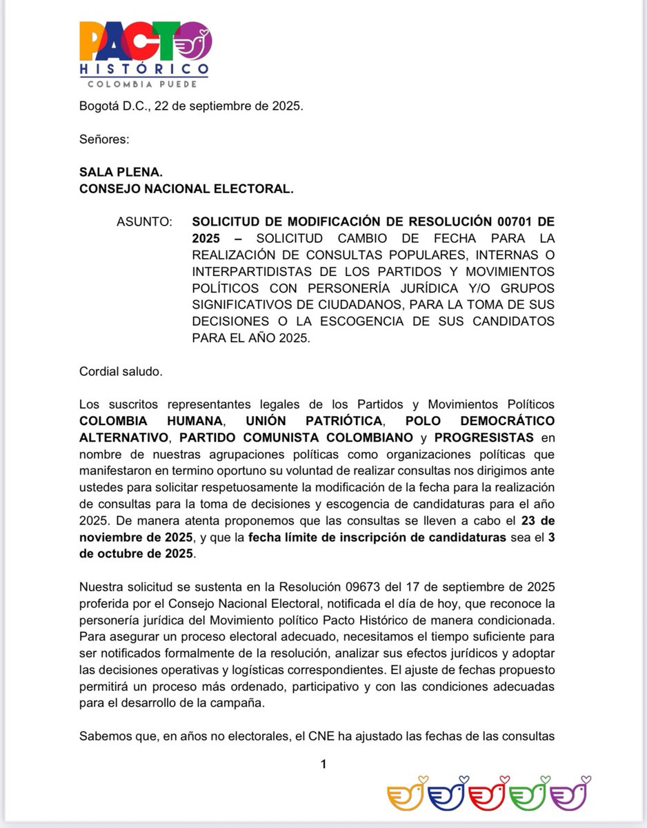 PactoCol's tweet photo. En unidad, Colombia Humana, UP, Polo, PCC y Progresistas pedimos al @CNE_COLOMBIA que las consultas sean el 23 de noviembre de 2025.
Requerimos garantías y tiempos justos tras el reconocimiento del Pacto Histórico.
¡La democracia se defiende con participación! https://t.co/ZEc8sSchTS