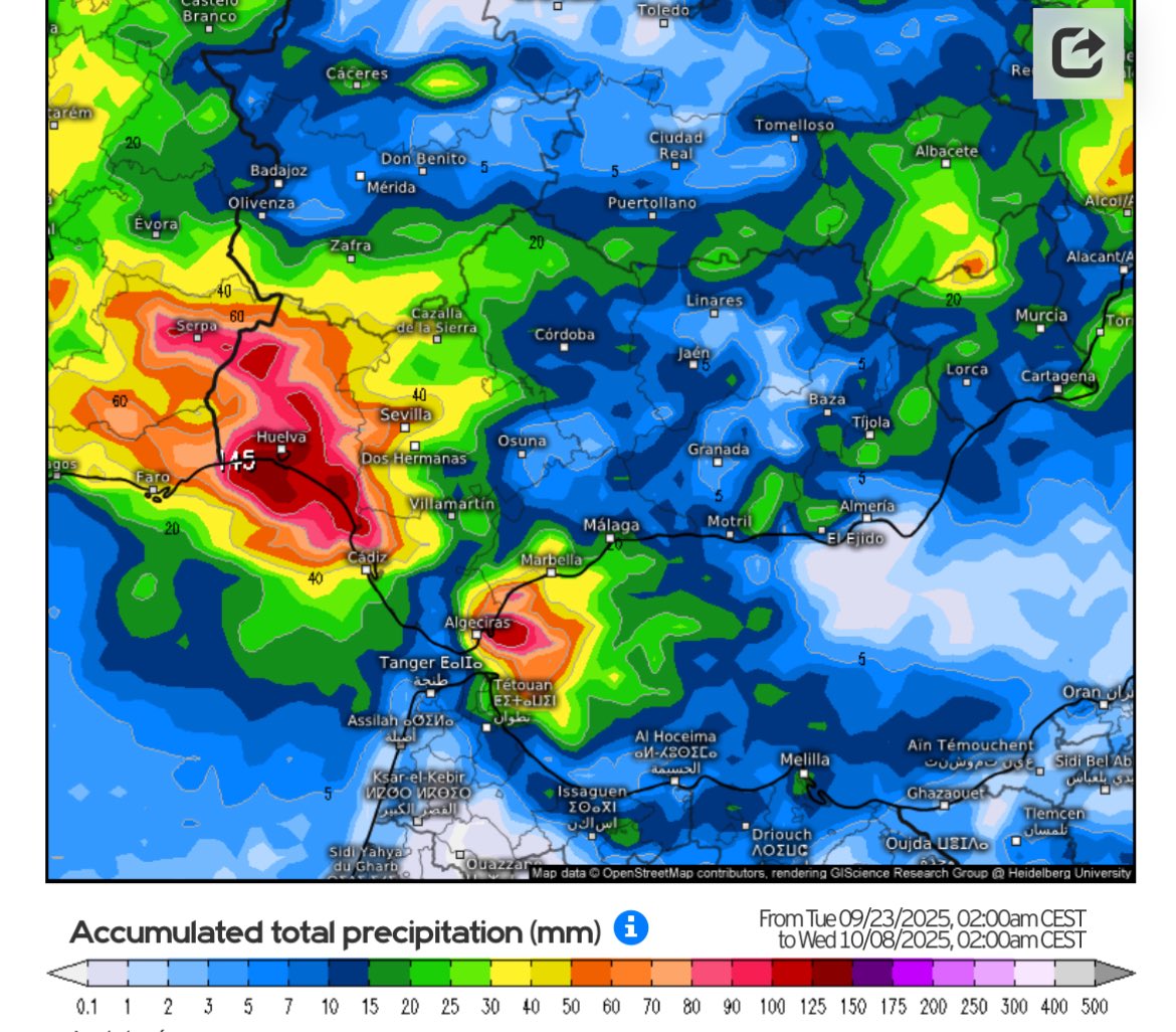 El modelo europeo prevé desde hace unos días que el huracán Grabielle se coloque en el Golfo de Cádiz como depresión post-tropical, lo que resultará (si se da todo al pie de la letra) en acumulados muy peligrosos, superando el umbral de aviso rojo en Huelva y parte de Sevilla.