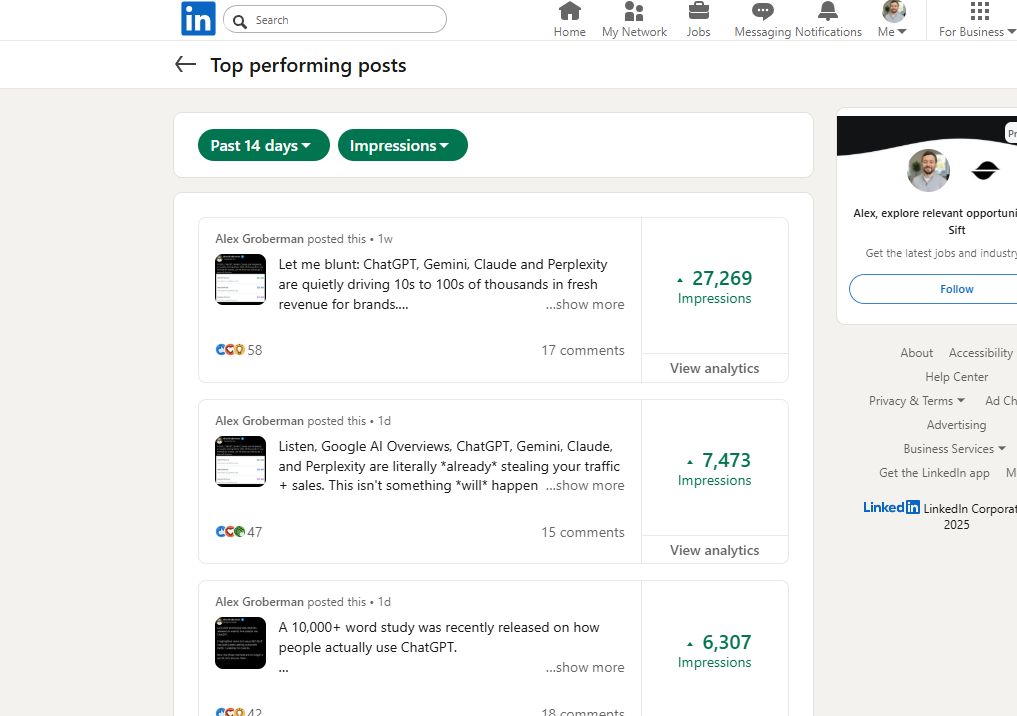 AlexGroberman_'s tweet image. I created my LinkedIn 41 weeks ago.
I’ve since added $75,000 to my agency pipeline, generated five figures this month for SEO Stuff, built 7,400+ connections, logged 1.8 million impressions & reached 542,707 members.
Here’s the full system that works right now.
If you want my…