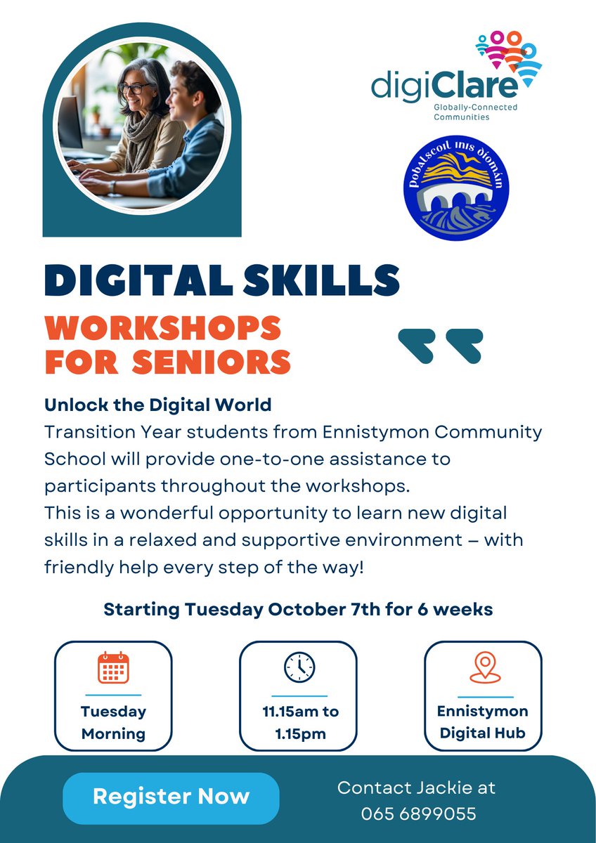 Digital Skills Training for Seniors – Unlock the Digital World!
We are holding a 6 week Digital Skills training course for Seniors in our Ennistymon Hub, starting on Tuesday, 7th October 2025.
Contact Jackie at (065) 6899055 or email hubs@clarecoco.ie to register your interest.