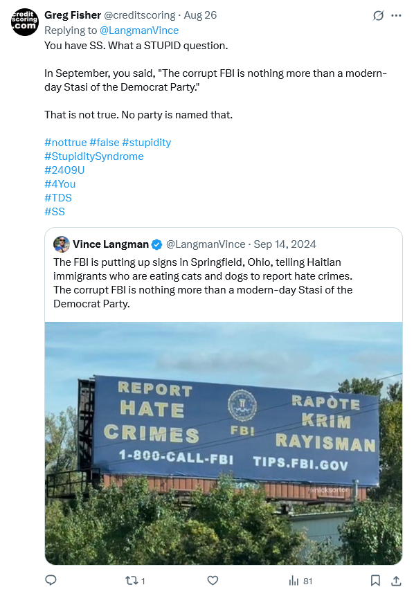 creditscoring's tweet image. Stop talking, Langman.

You made a false statement. You wrote, "The corrupt FBI is nothing more than a modern-day Stasi of the Democrat Party."

I told you to apologize. What is your lawyer's name?
#falseinformation #IL
#falsestatement #IL
#2409U
#lawyer x.com/creditscoring/…