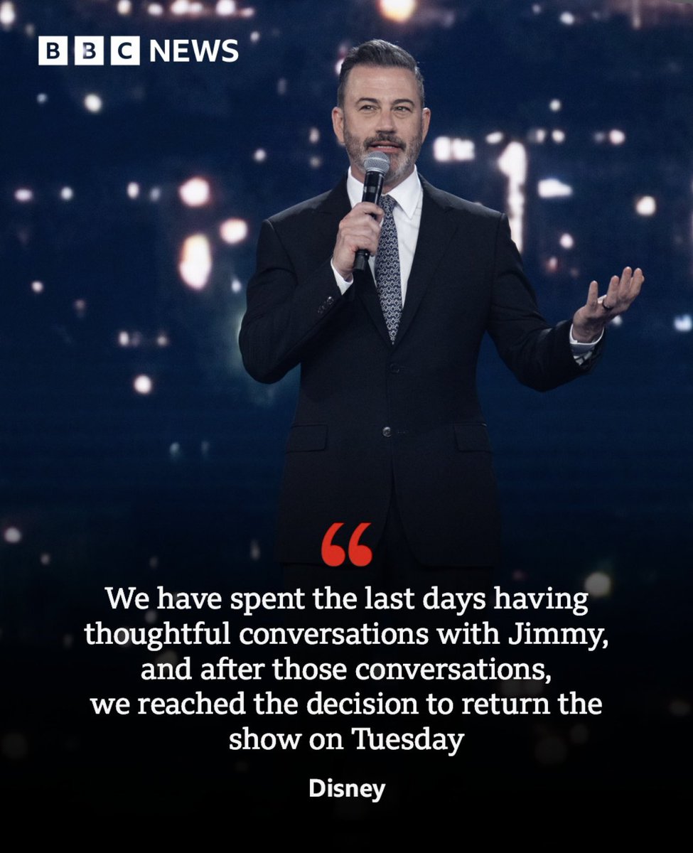 Donald Trump kendisine yönelik eleştiri yapan televizyoncu Jimmy Kimmel’i çalıştığı kanala baskı yaparak kovdurdu. İzleyiciler programın yayından kaldırıldığını duyunca çılgına döndü ve Disney ürünlerini boykot etmeye başladı. İş çığırından çıktı ve Disney onu işe  geri çağırıyor