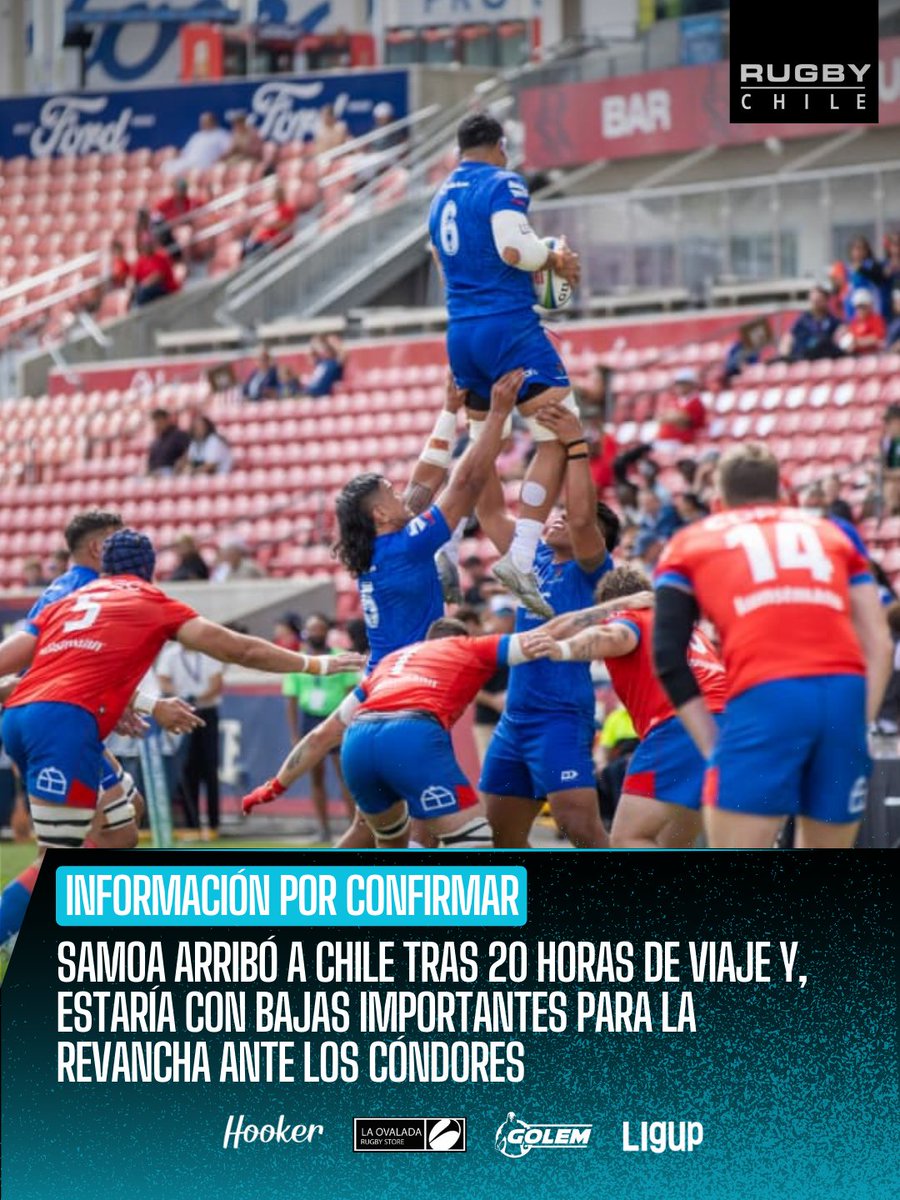 🛬🏉 Samoa ya está en Chile

Tras más de 20 horas de viaje,  Samoa arribó a Chile.

Posibles bajas: Leali’ifano, Alaalatoa, Petelo-Mapu y Motuga (por confirmar).

📅 Sab 27 de sept.
⏰ 16:30 hrs
🔥 Aforo de 20 mil personas, Sausalito 
👉 El ganador va directo a #Australia2027.