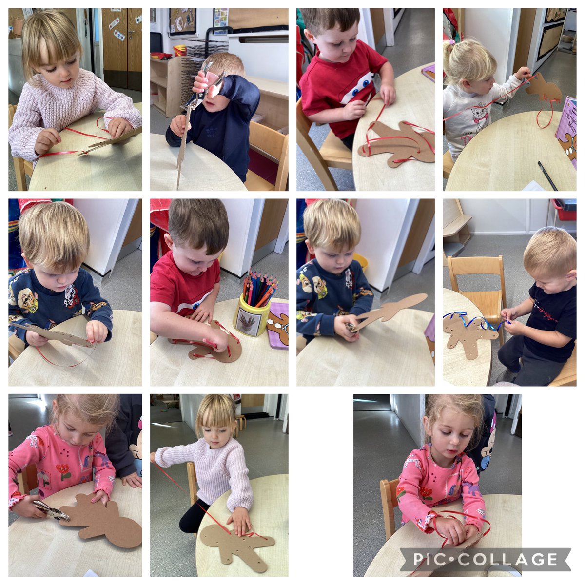 LittleEarthOE's tweet photo. We have been enjoying re-telling the story of ‘The Gingerbread Man’ alongside reading the text. 
This week we are threading our own Gingerbread men and girls, developing our hand eye co-ordination. https://t.co/a9OzzzwpYW