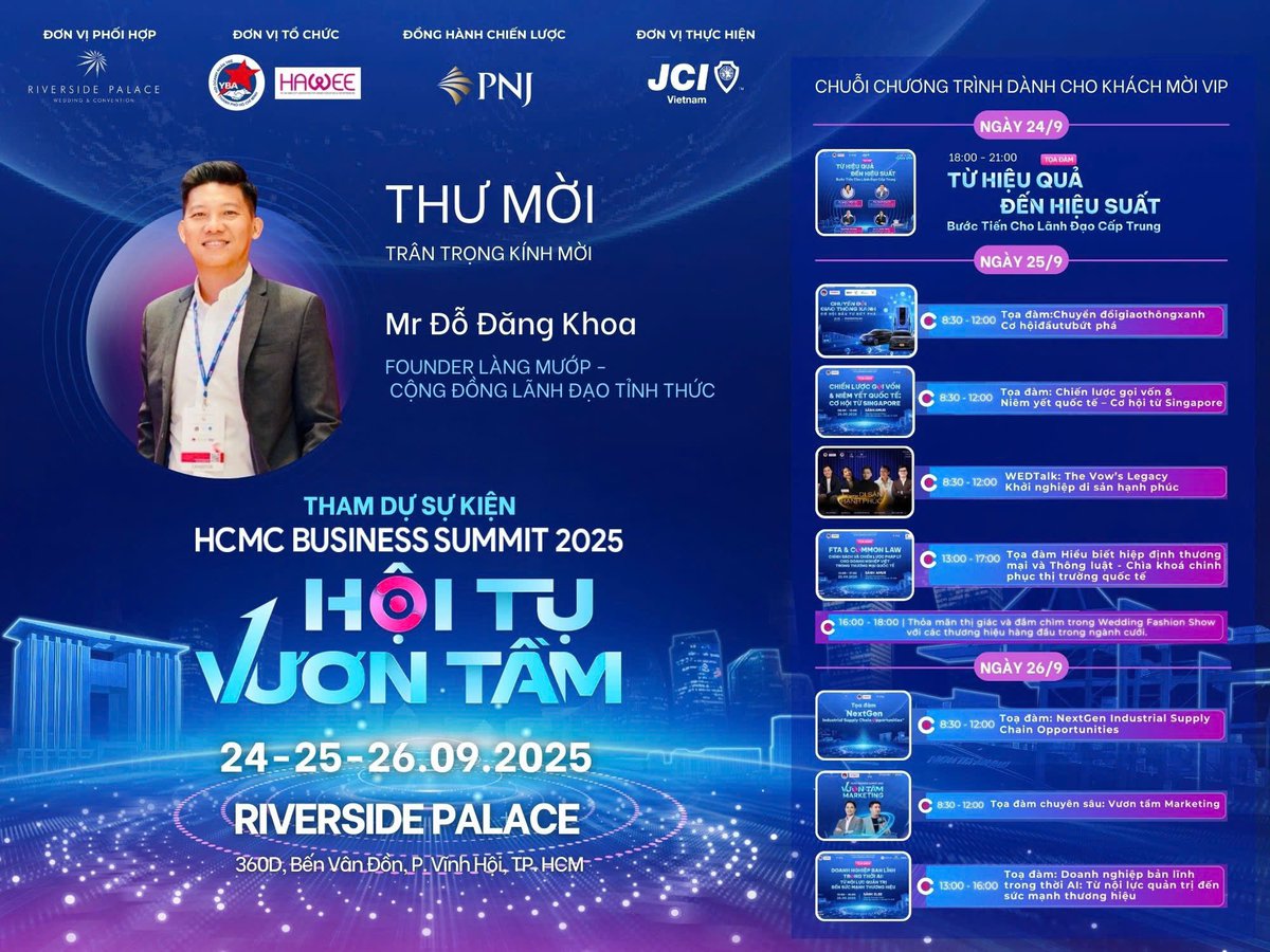 Mình thích bộ Key visual này 😁😁😁

May mắn được JCI ưu ái cho cái vé VIP trọn 3 ngày của sự kiện để bán mướp 🥰🥰🥰

Hẹn cả nhà 3 ngày chốt mướp chốt mướp tại HCMC Business Summit 2025 😊😊😊

Biết ơn vì tất cả ❤️❤️❤️

#LangMuop #Loofahmeta #mrmuop