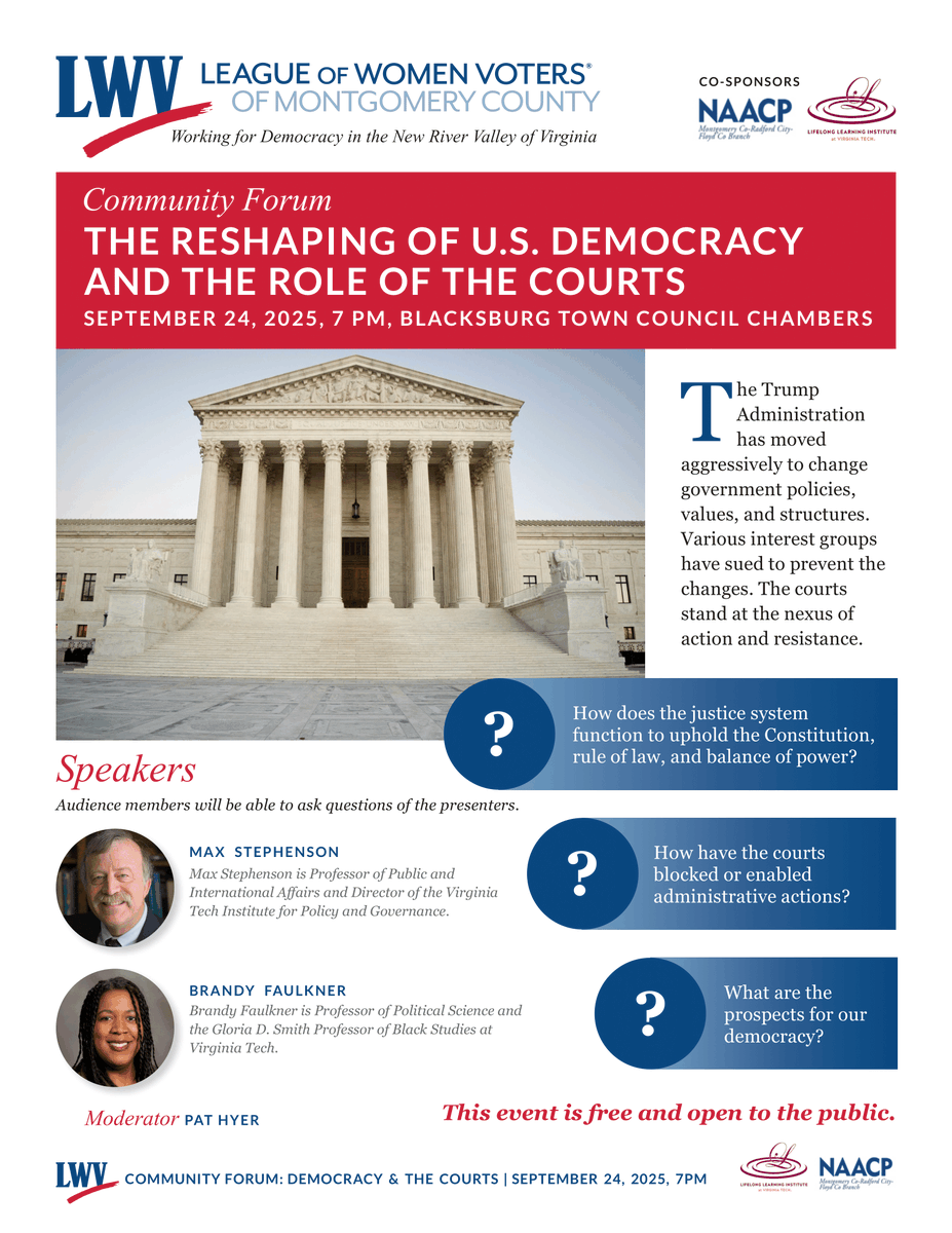 Virginia Tech Institute for Policy and Governance (@vtipg) on Twitter photo IPG Director Max Stephenson and Political Science Professor Brandy Faulkner will be participating in a forum entitled, “The Reshaping of U.S. Democracy and the Role of the Courts” tomorrow at 7 pm at the Blacksburg Town Council Chambers. The event is open to all! <a href="/VT_LiberalArts/">Virginia Tech Liberal Arts</a> IPG Director Max Stephenson and Political Science Professor Brandy Faulkner will be participating in a forum entitled, “The Reshaping of U.S. Democracy and the Role of the Courts” tomorrow at 7 pm at the Blacksburg Town Council Chambers. The event is open to all! <a href="/VT_LiberalArts/">Virginia Tech Liberal Arts</a>