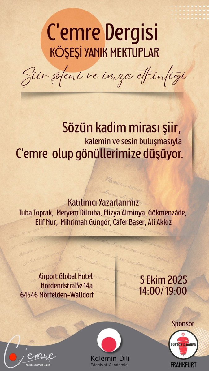 Kalemim Dili Edebiyat Akademisi yazarlarının olacağı şiir şölenimize sizleri bekliyoruz 
Katılımlarınız bizleri sevindirir…