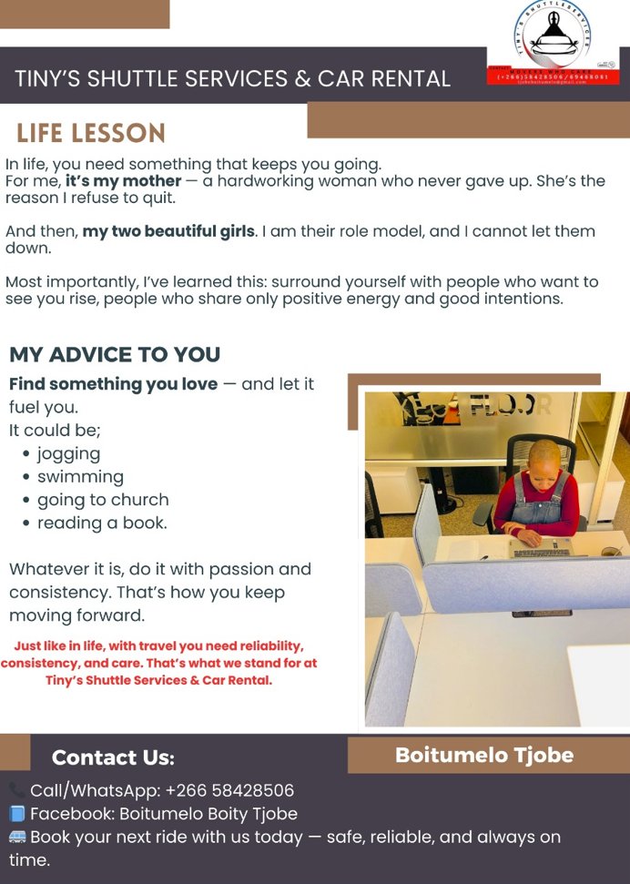 ✨ Spotlight ✨
Today at Executive Floor, we celebrate Mme Boitumelo Tjobe of Tiny’s Shuttle Services &amp; Car Rental 🚐 A story of resilience, family, and consistency — values that drive both life and business.

#ExecutiveFloor #MemberSpotlight #Lesotho