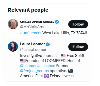 BloodyStrange's tweet photo. @LauraLoomer @JasmineForUS Not sure why it says relevant people. All I see is some old racist fuck and a worn out clout chasing tramp. https://t.co/Pq9WrKfTMo