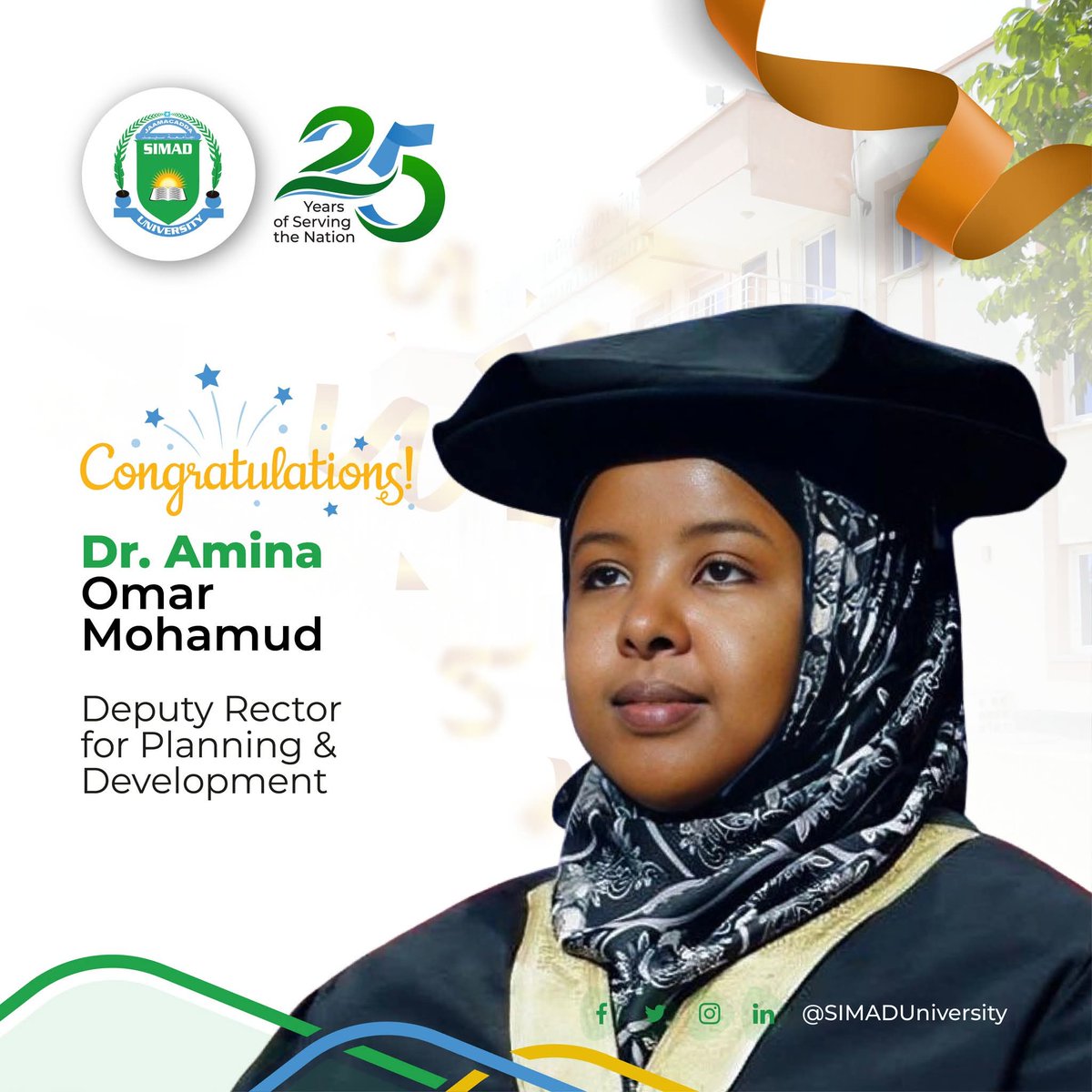 Congratulations to Dr. Amina Omar on her appointment as Deputy Rector for Planning &amp; Development!

Her leadership continues to inspire and drive #SIMADUniversity toward greater excellence.
#SIMAD #SIMAD25 #InstitutionalDevelopment