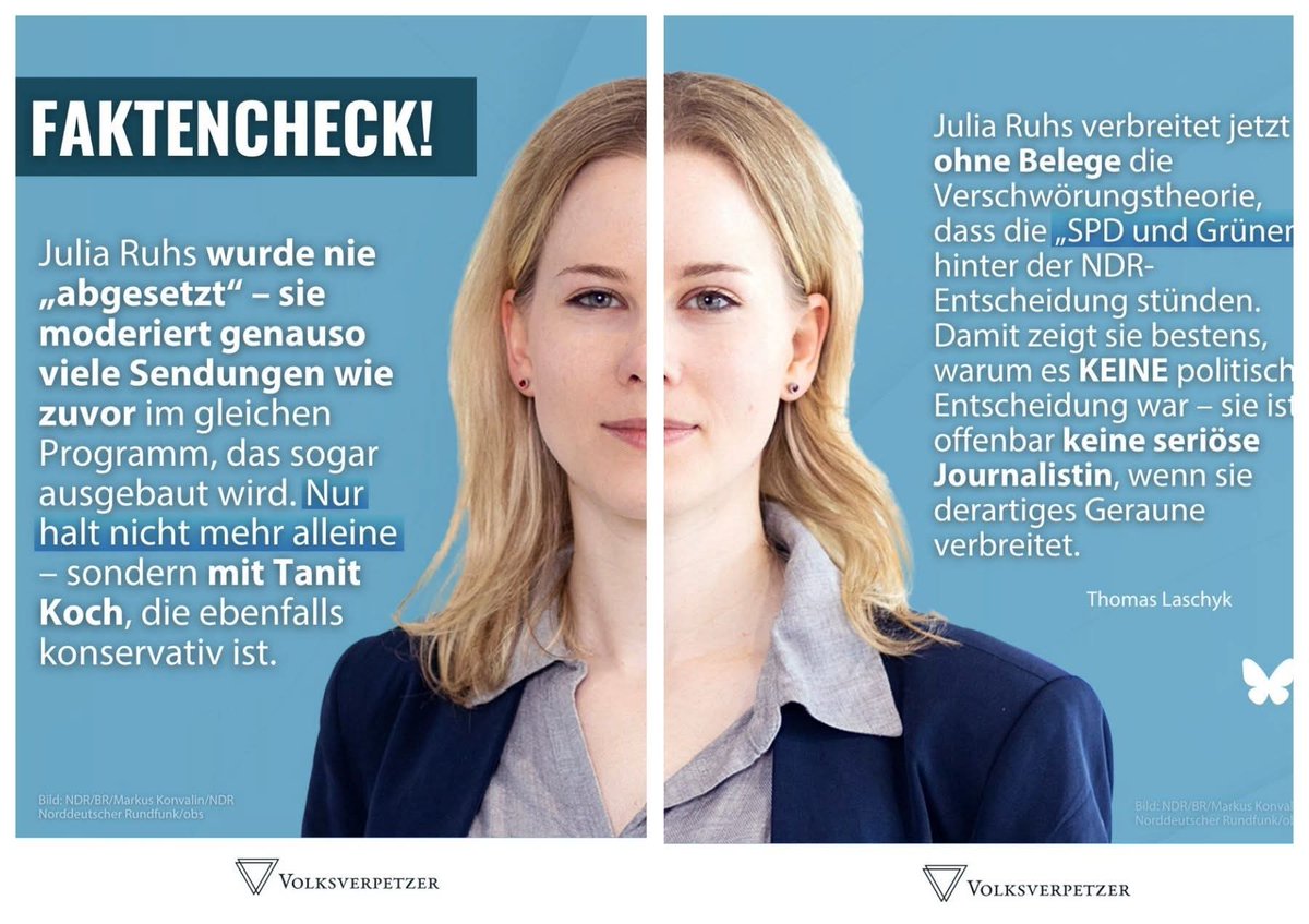 Damit ist alles zu Julia #Ruhs gesagt. 
Via @volksverpetzer

▶️ Faktencheck: 

‼️Julia Ruhs wurde nicht „abgesetzt“ – RECHTE INSZENIERUNG‼️

volksverpetzer.de/faktencheck/ju…