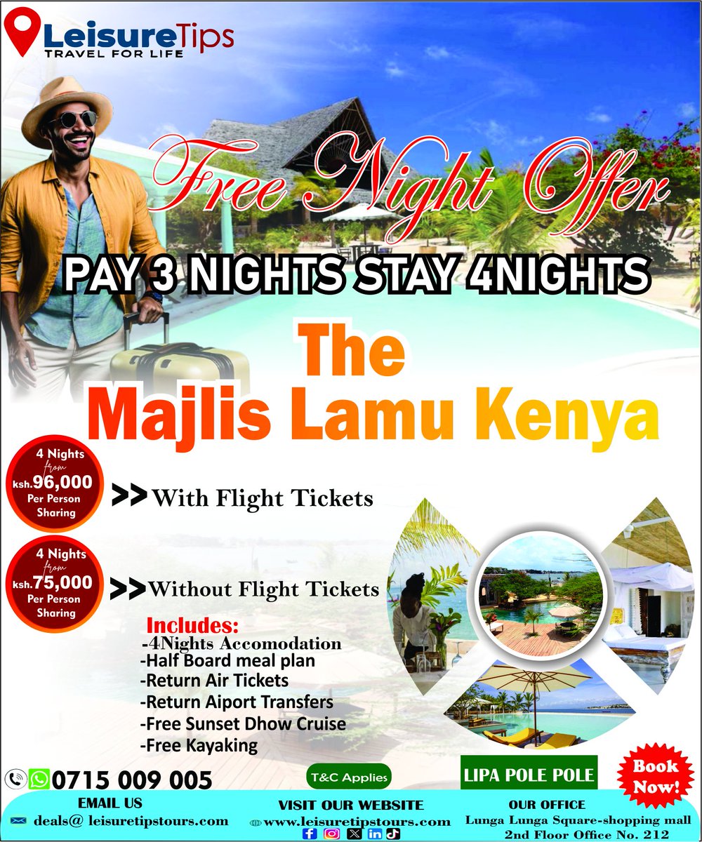 🎯 FREE Night Offer – Pay for 3 Nights, Stay 4! ✨🌴

👉Escape to The Majlis, Lamu Kenya – your perfect beach getaway! 🏖️

✅ 4 Nights of luxury accommodation
✅ Half-board meal plan 🍽️
✅ Free sunset dhow cruise 🌅
✅ Free kayaking 🚤
✅ Return airport transfers ✈️

💸 From