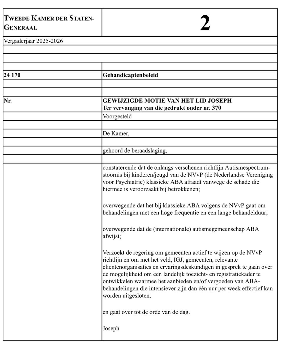 lbvso's tweet image. BAM💥
De Kamer stemt voor motie @Agnes_Joseph_TK @BoerBurgerB Intensieve ABA, een methode die kinderen met autisme dwingt zich aan te passen, wordt via toezicht en inkoop uitgesloten.
Ieder kind moet zichzelf kunnen zijn en geen kind zou zich moeten voegen naar een systeem dat…