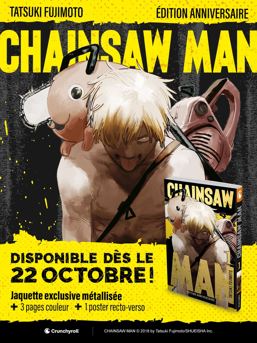 À l’occasion de la sortie de son 20e tome, Chainsaw Man revient avec un tome 1 édition anniversaire ! 🐕

👔 Une jaquette exclusive métallisée
👔 Les 3 pages couleur du chapitre 1
👔 1 poster recto-verso (cont) spklr.io/l/6010BJDeK