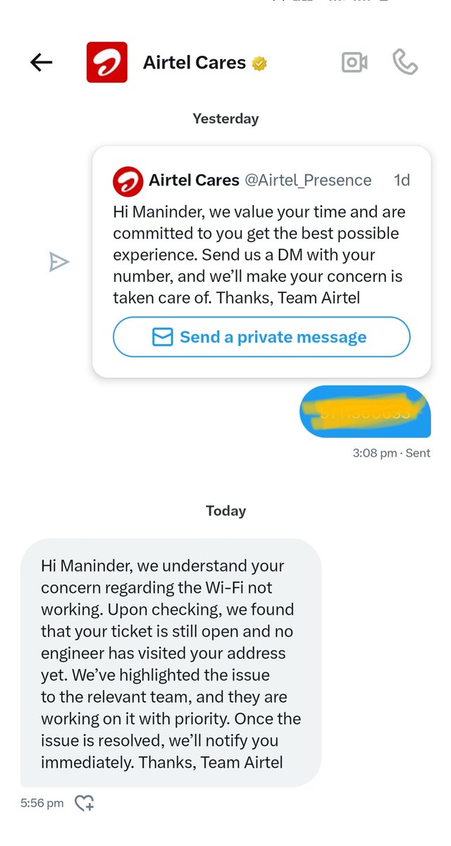 krmaninder's tweet photo. @Airtel_Presence After four days of chasing and speaking to 5-6 different executives in @Airtel_Presence but my internet is still not working.  Sharing the latest update here received on @X

@DoT_India @TRAI @consaff #DOTSeva #Airtel #Braodbandcomplaints https://t.co/5EKunYW7Gh