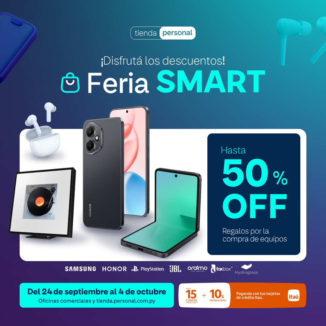personalpy's tweet image. ¡Aprovechá  a la Feria Smart en Oficinas comerciales y tienda.personal.com.py. Hasta 50% OFF en equipos y accesorios.